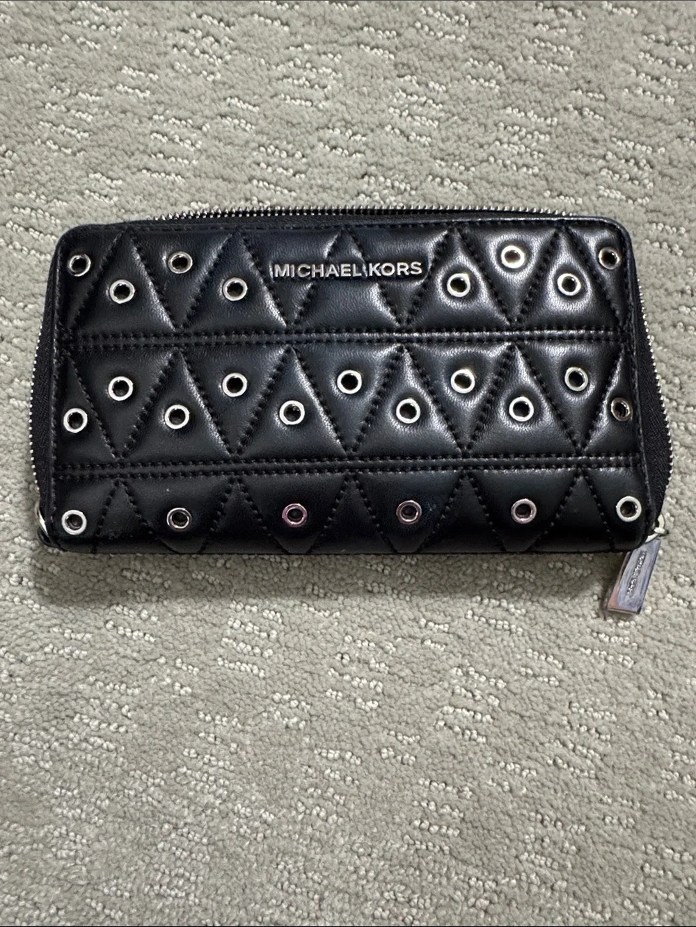Michael Kors Black Quilted Zip Phone Wallet with Grommet Accents